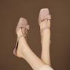 Baotou Half Slippers Square Toe Shallow Bow Bow Low Heel Block Heel Non-slip Wear-resistant Slippers