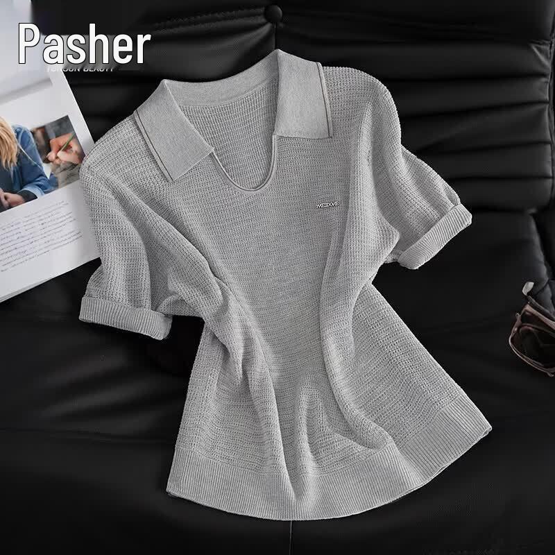 Women s Polo Collar Short Sleeve Knit Top One Size