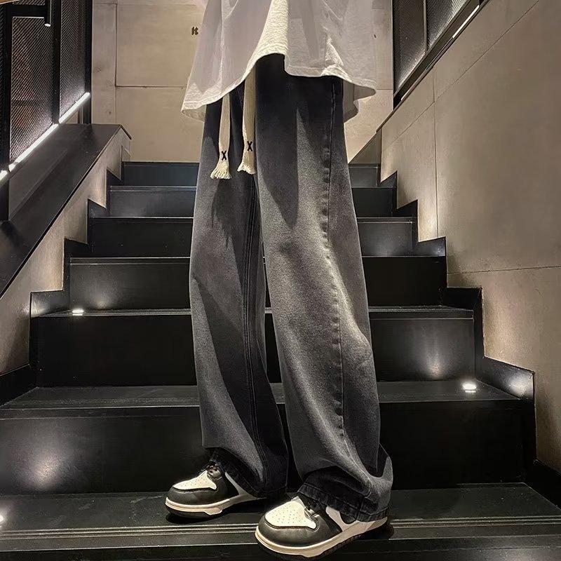 Thick Drawstring Jeans Spring and Autumn Tide Brand American Loose Straight Wide-leg Pants Retro High Street Casual Pants