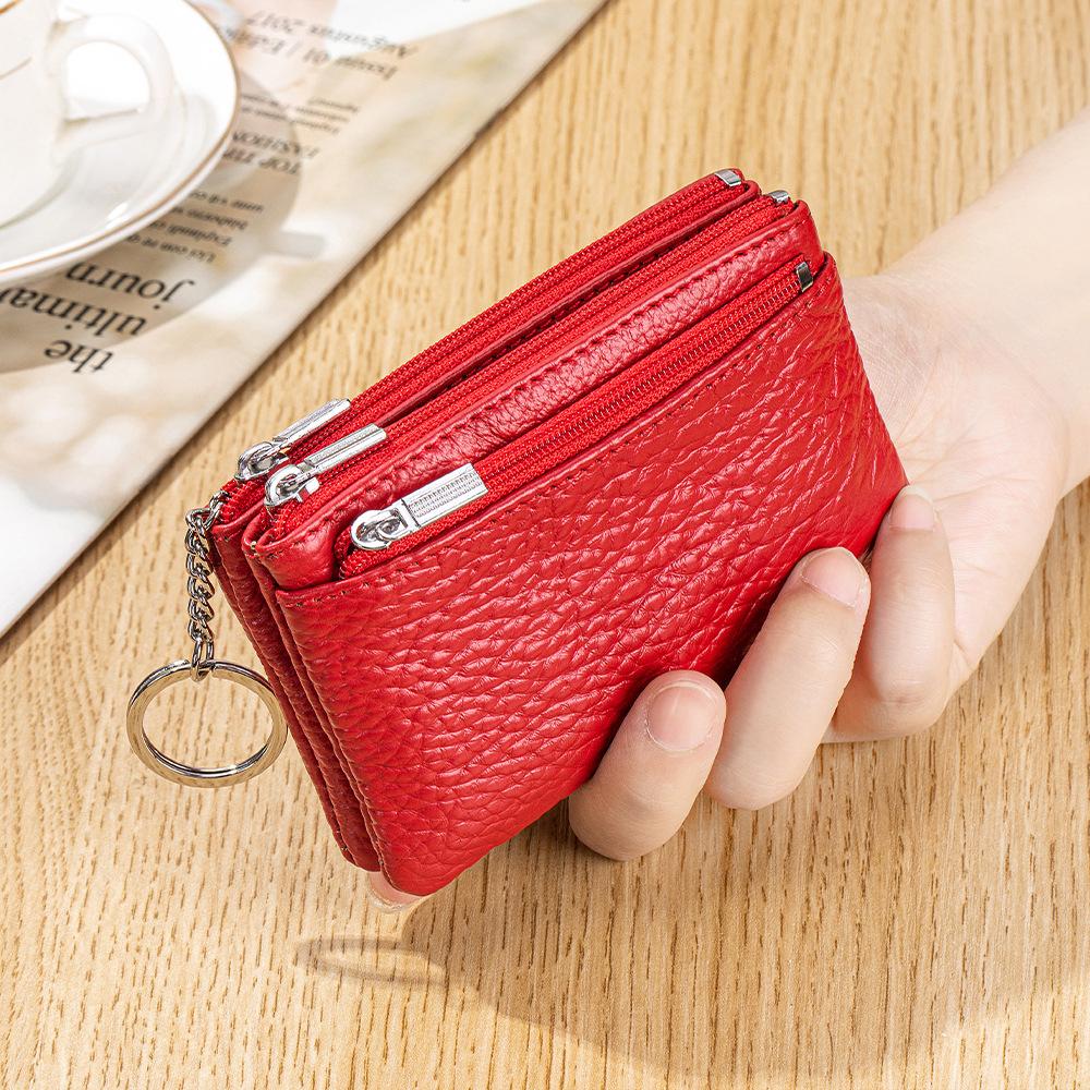 New first-layer cowhide simple women's zipper change bag three zippers large-capacity storage bag coin bag