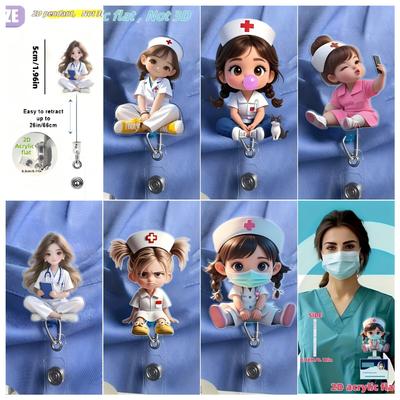 Porta Badge in Acrilico Piatto 2D Cartoon Infermiere & Medico, Bobina Retrattile per Badge, Badge Identificativo Ospedaliero e Spilla da Petto per Medici & Infermieri