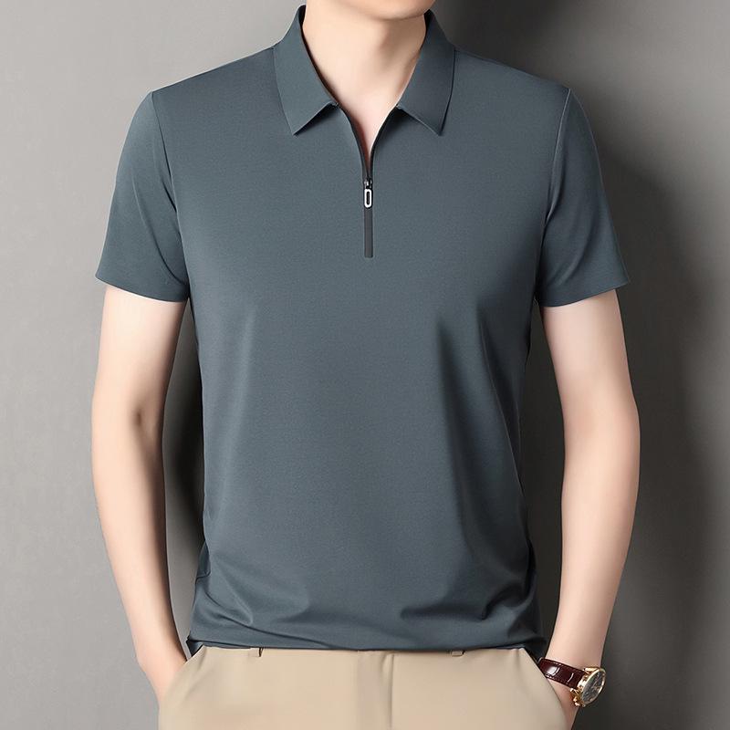 Men s Summer Half-Zip Polo: Ice Silk Short Sleeve, Solid Color, Loose Fit, High-End Feel. L зелёный