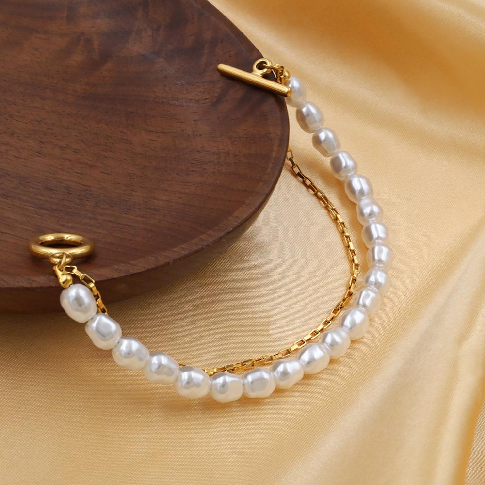 Niche Design Titanium Steel Jewelry Does Not Fade, Fashionable Light Luxury Double-Layer Ot Buckle Pearl Bracelet Women
