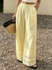 Women's Mid Rise Wide Leg Pants Loose Vintage Linen Trousers Elastic Waist Lace Hem Casual Palazzo Pants