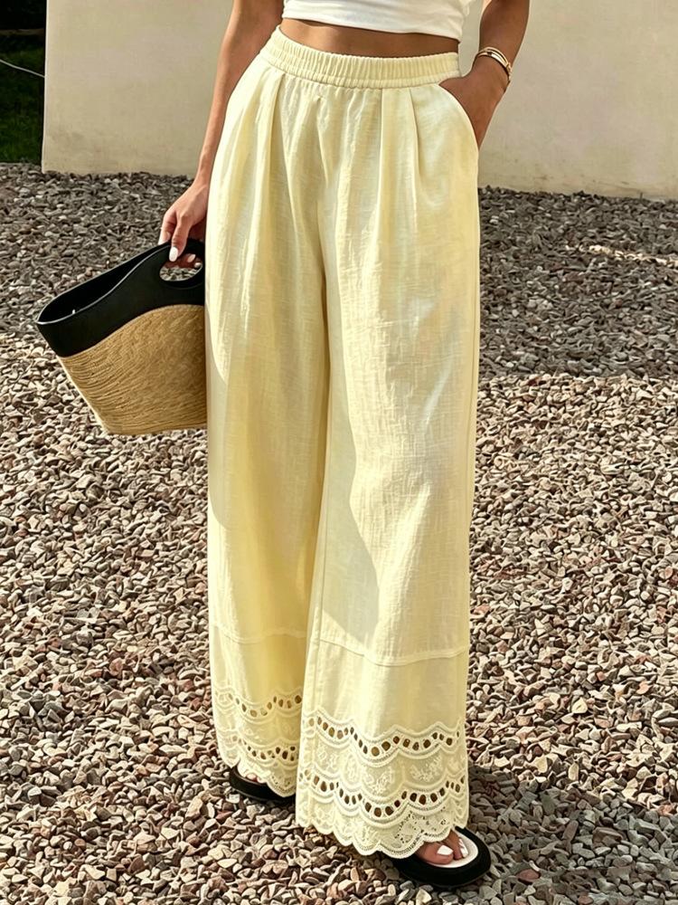 Women High Waist Crochet Lace Trim Wide Leg Pants Casual Drawstring Palazzo Pants with Pocket S жёлтый