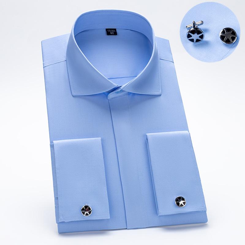 Camicia da Abito con Colletto Windsor e Polsini alla Francese Moda Uomo Manica Lunga Lusso Business Camicie Formale Polsino con Bottoni Coperti Camicia per Gemelli