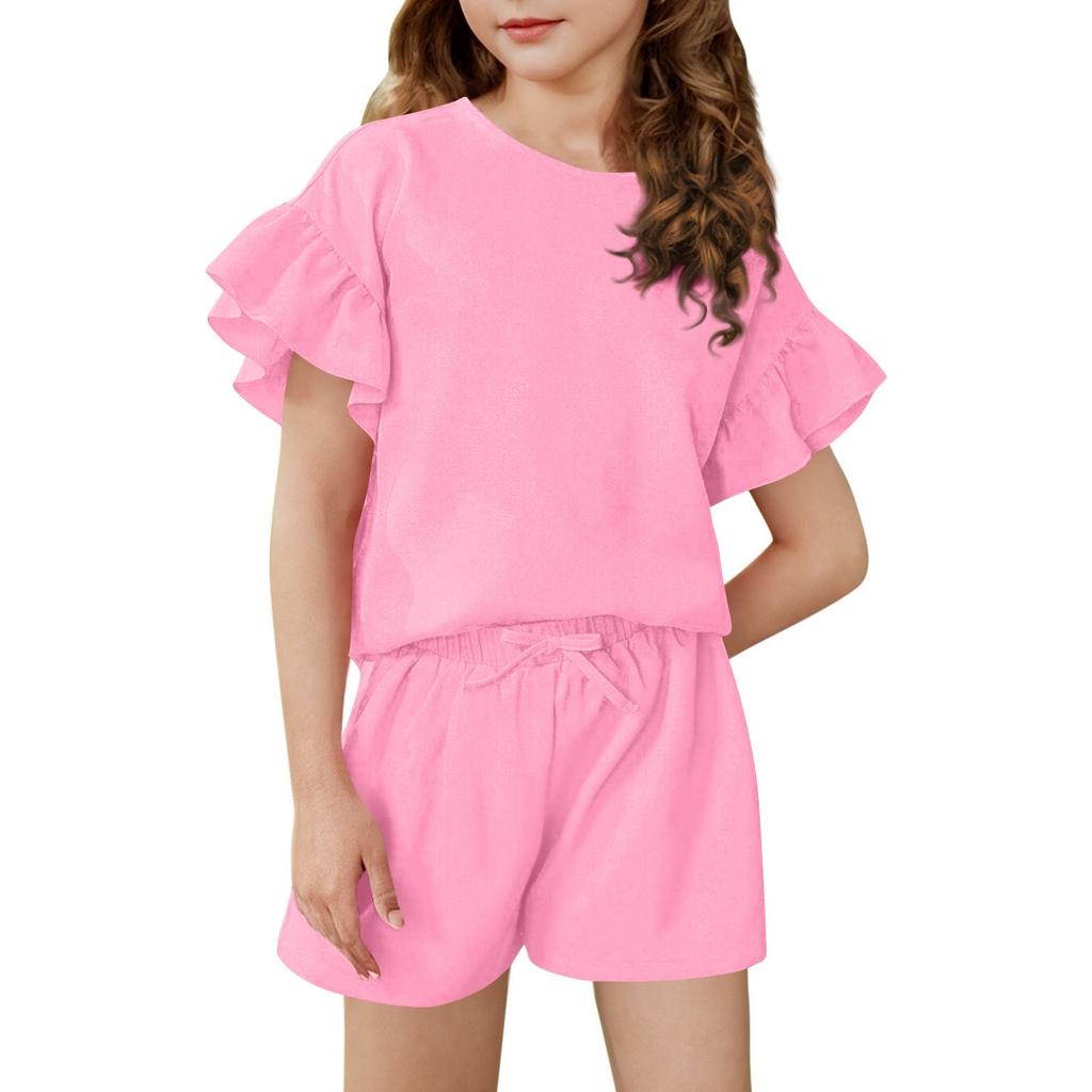 Girls' Summer Outfit Ruffle Sleeve Top And Shorts Clothing Set Lightweight Casual Two Piece