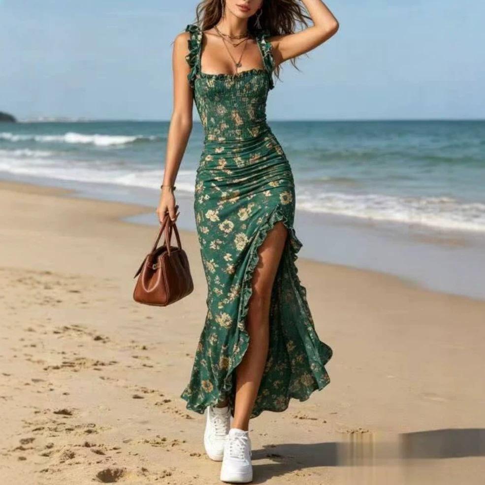European and American cross-border 2026 summer Amazon Bohemian retro ruffle edge sleeveless suspender high split dress S зелёный