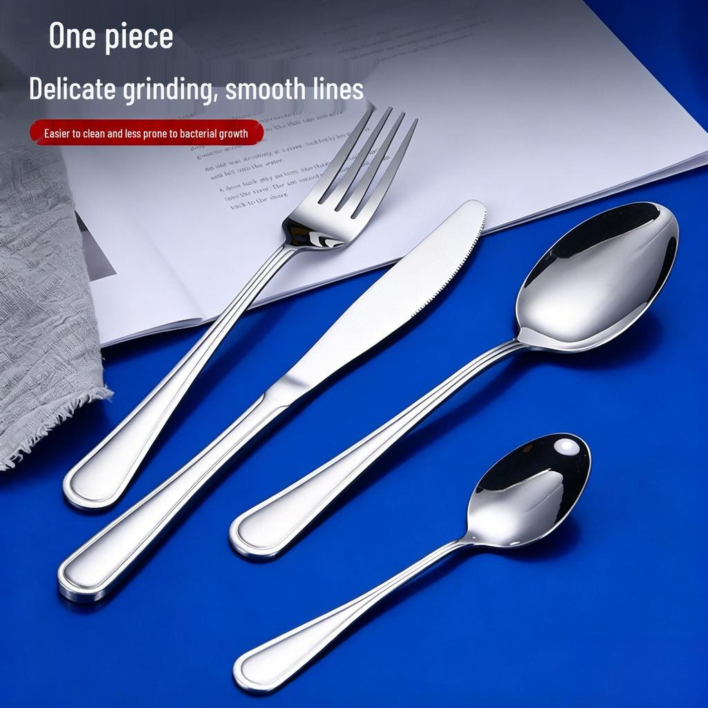 410 Stainless Steel Four-Piece Cutlery Set: Knife, Fork, Spoon - Single/Double Line for Home or Hotel Dining