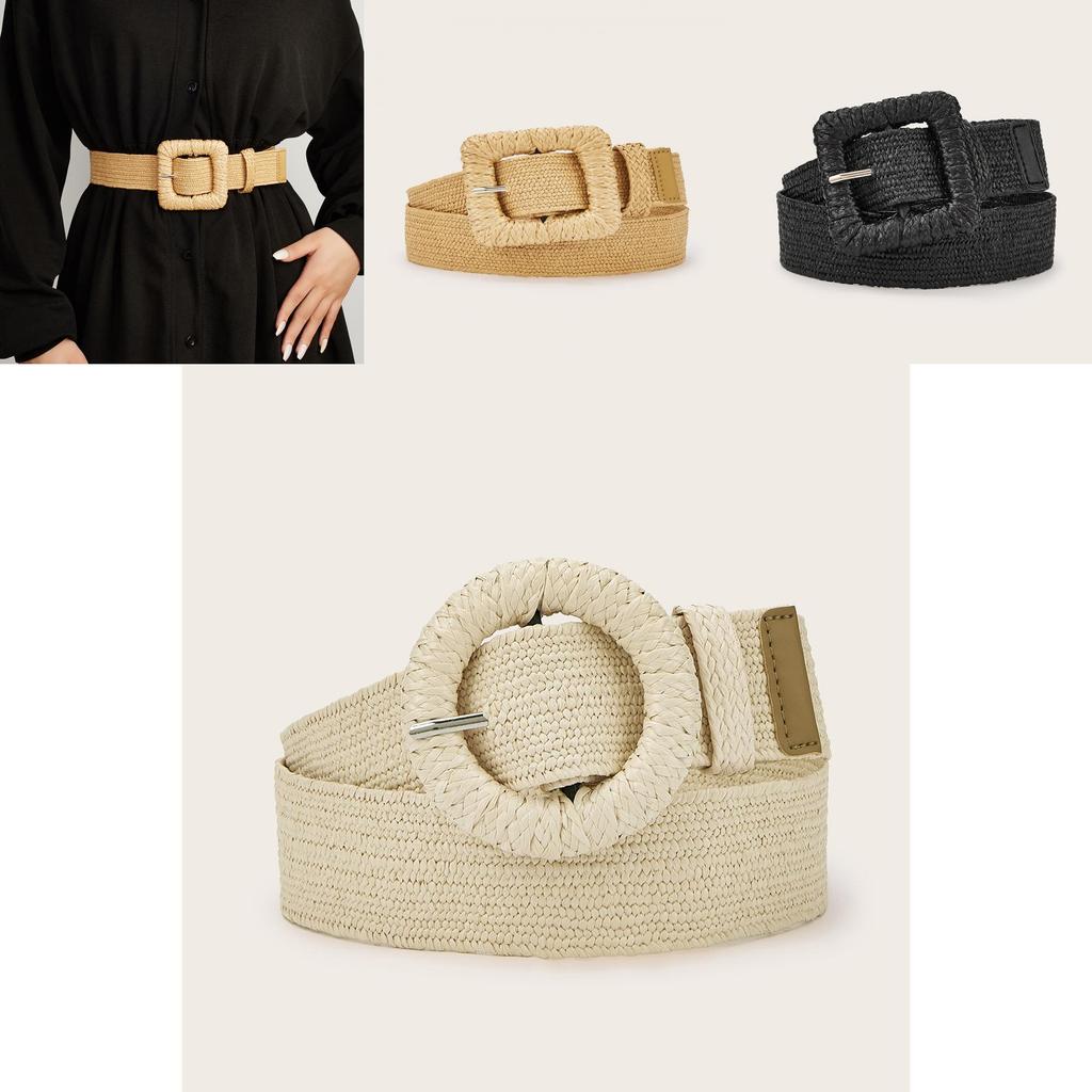 Cinturón de Cintura Tejido para Vestidos Casuales de Mujer con Decoración de Hebilla Circular de Diseño Minimalista