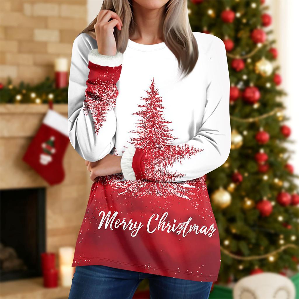 Kadın Yuvarlak Yaka Üst Baskılı Kalınlaştırılmış Peluş Kaşmir Sıcak Uzun Üst