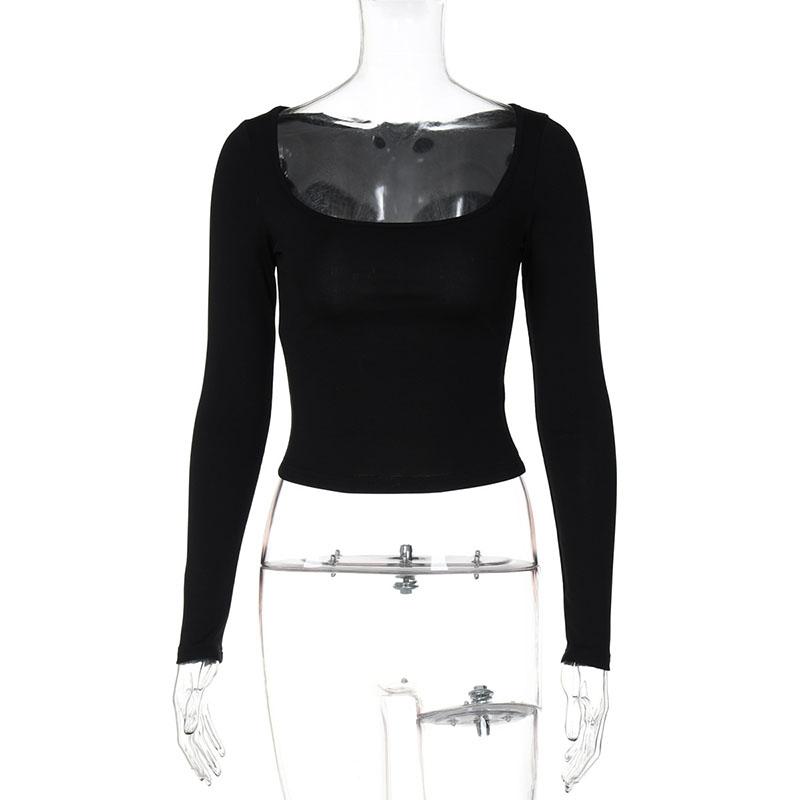 Sexy Slim Fit Square Collar T-Shirt Women Long Sleeve Solid Basic Top Spring Autumn Low Cut Simple Pullover