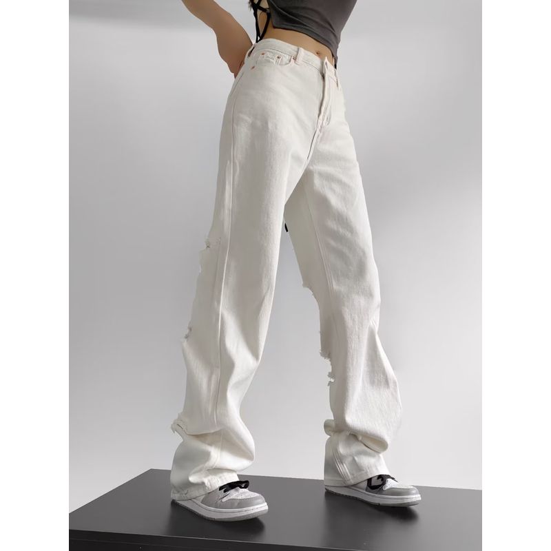 Spring New Arrival Fashion Lazy Fashion Loose Plaid Mop Trousers Perforated Hole Decoration Denim Straight-leg Pants