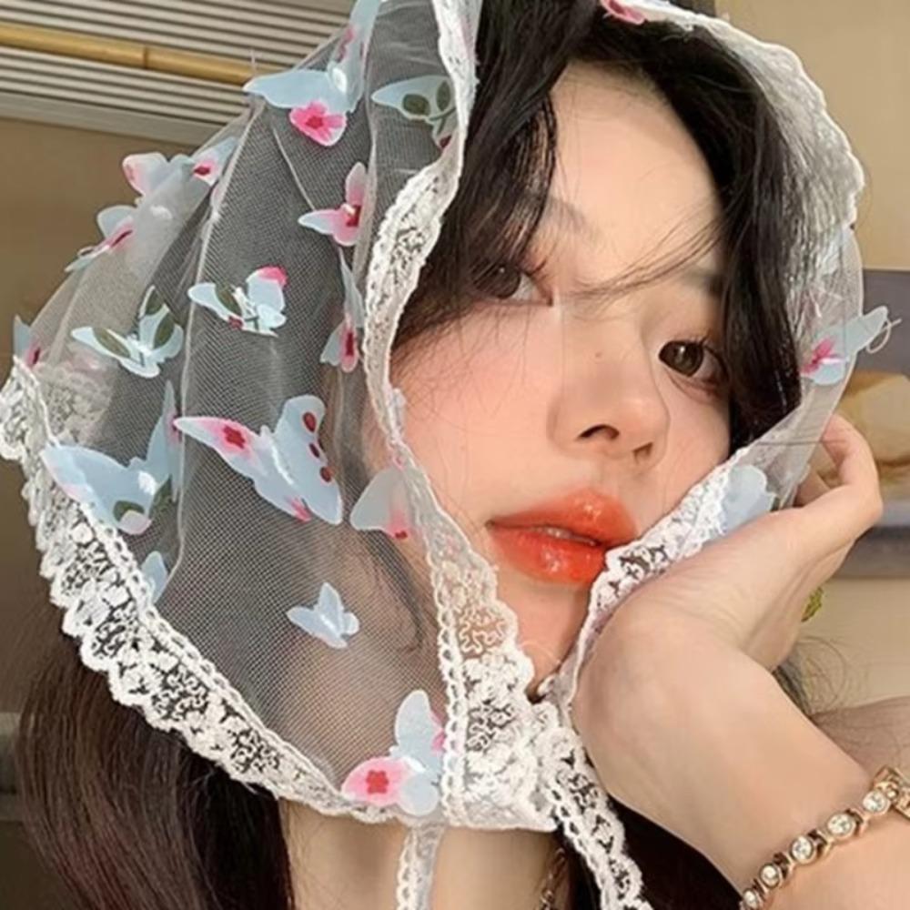 Elegant Floral Cotton Head Scarf Soft Wrap Printing Hair Scarf Vintage Lace Triangle Scarf  Beach