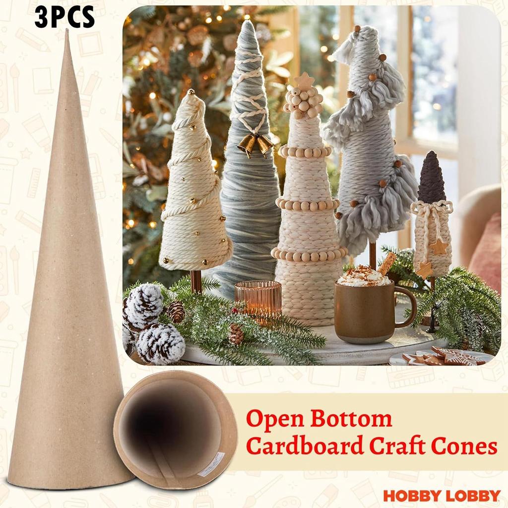 3x Paper Mache Cones, Cardboard Cones Party Supplies, DIY Christmas Tree Decoration Open Bottom for