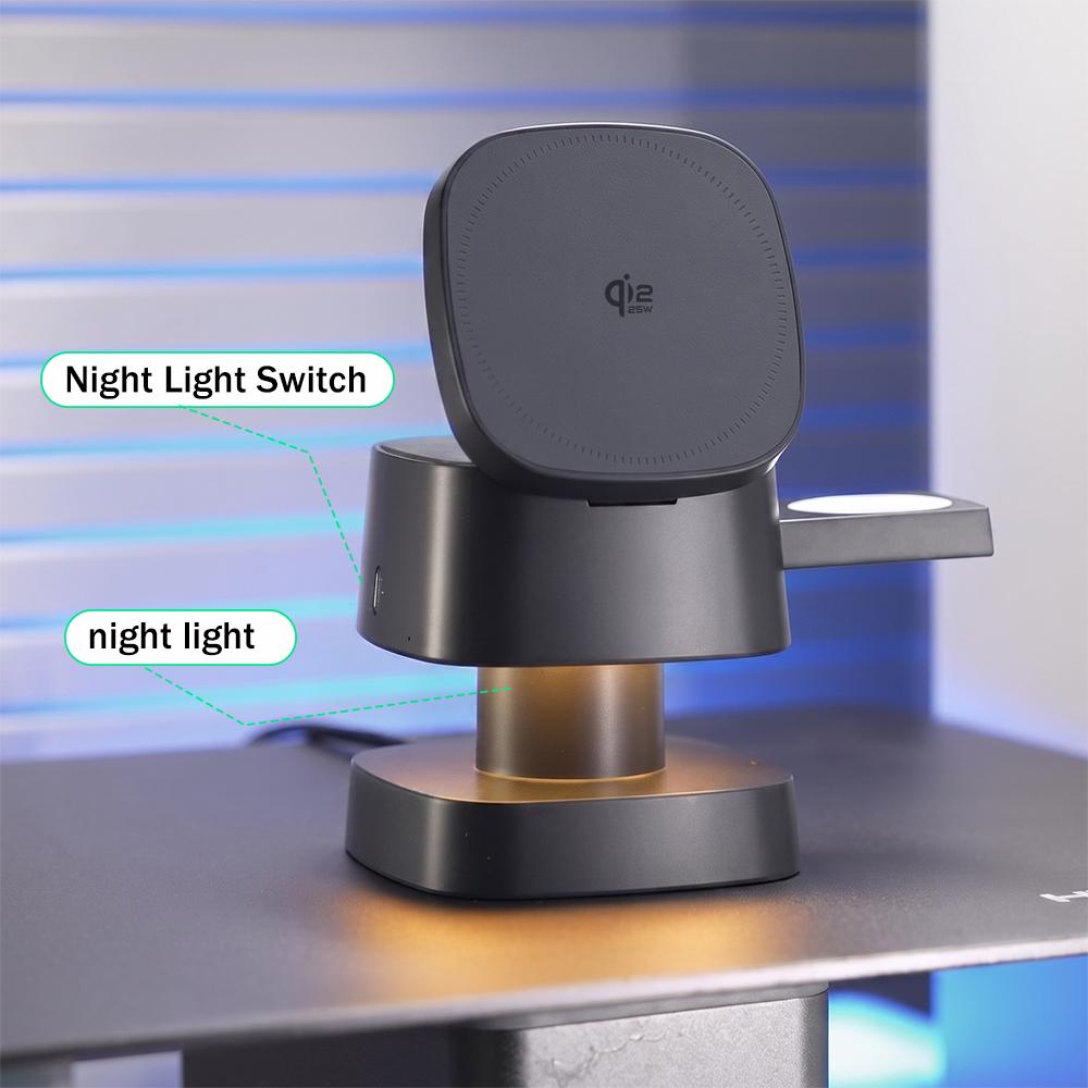 Qi2.2 25W Magnetic Wireless Charging Dock 4 in 1 Stand Bedside Nightlight 45W PD Plug For iPhone 17 16 Pro Max iWatch AirPods