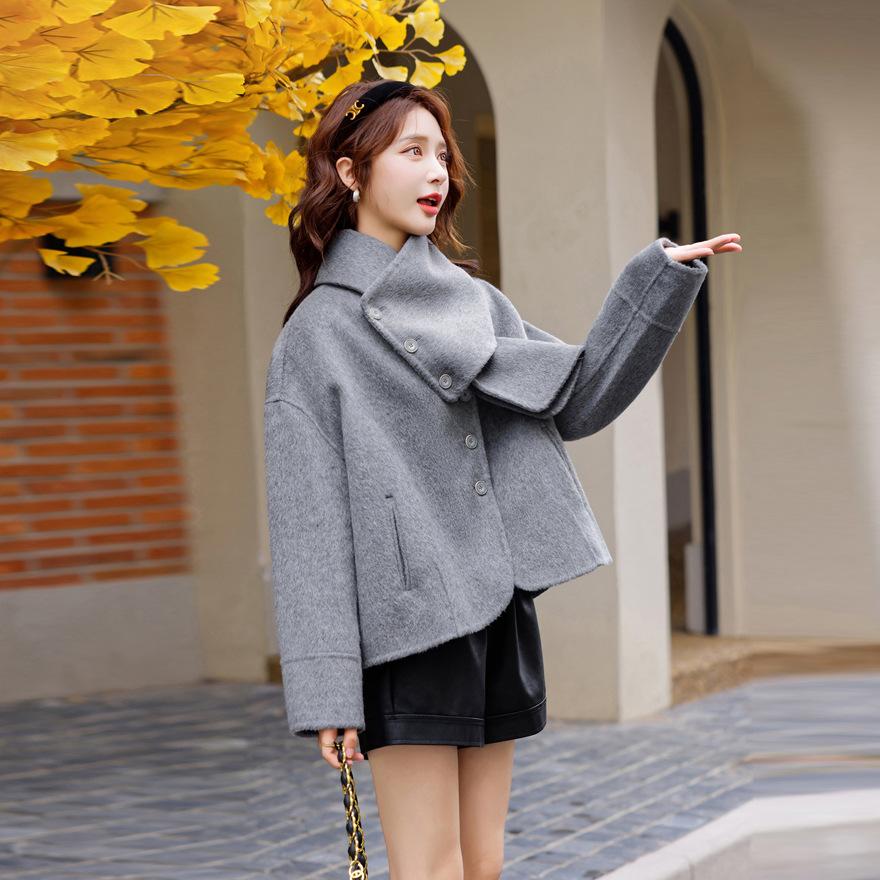 Pink double-sided wool coat women's short autumn and winter temperament sweet design scarf wool coat