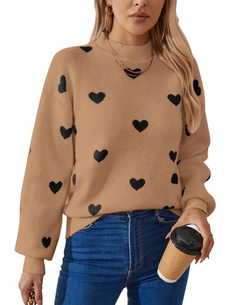 Heart Jacquard Round Neck Pullover Sweater for Women - Autumn/Winter Valentine's Day Style
