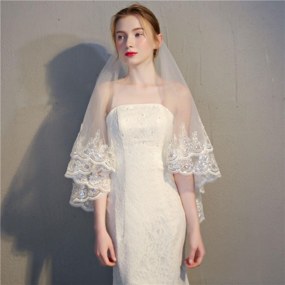 Lace Edge Bride Wedding Veils Luxury Mesh Veil Double Layers Bridal Veil  Wedding Day