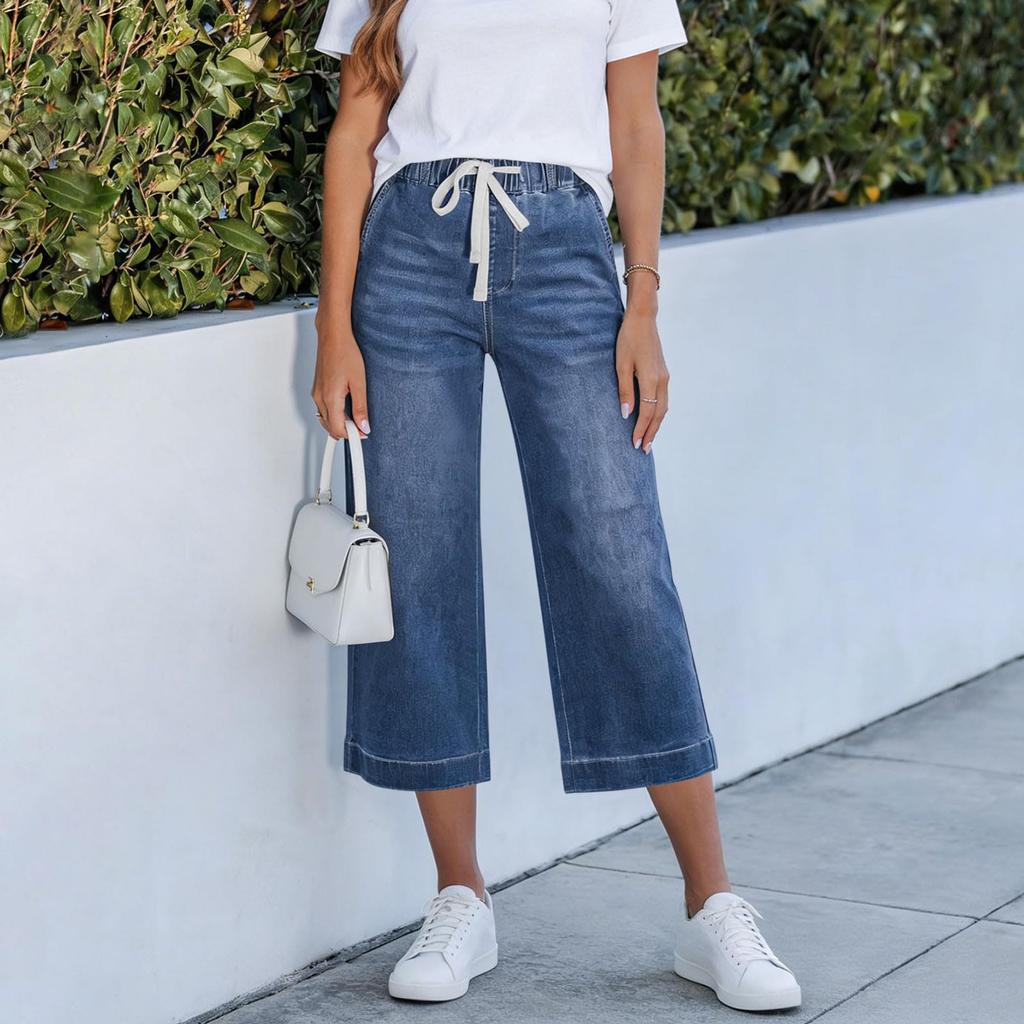 Women's Loose Fit Straight Leg Denim Jeans with Elastic Waistband and Drawstring Casual Seven Quarter Length Pants for Everyday Wear