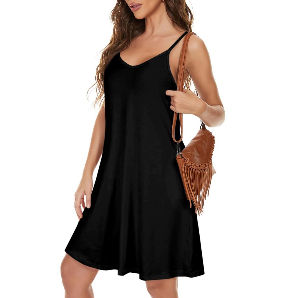Women's Slim Fitting Dress Fashion Solid Color Round Neck Pocket Sling Strap Dress