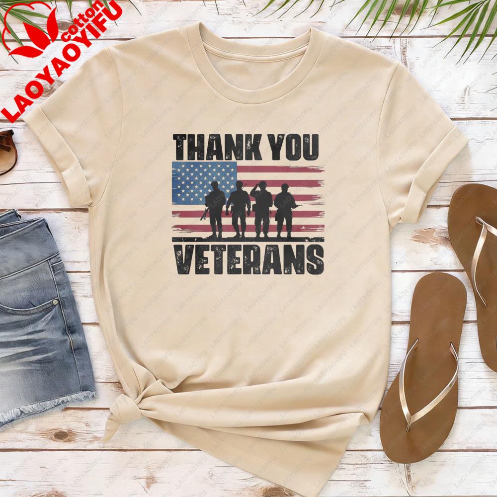 Thank You Veterans Shirt Memorial Day Tops Patriotic USA Flag Shortsleeved Shirt Veterans Day Gift Army Women Clothes S