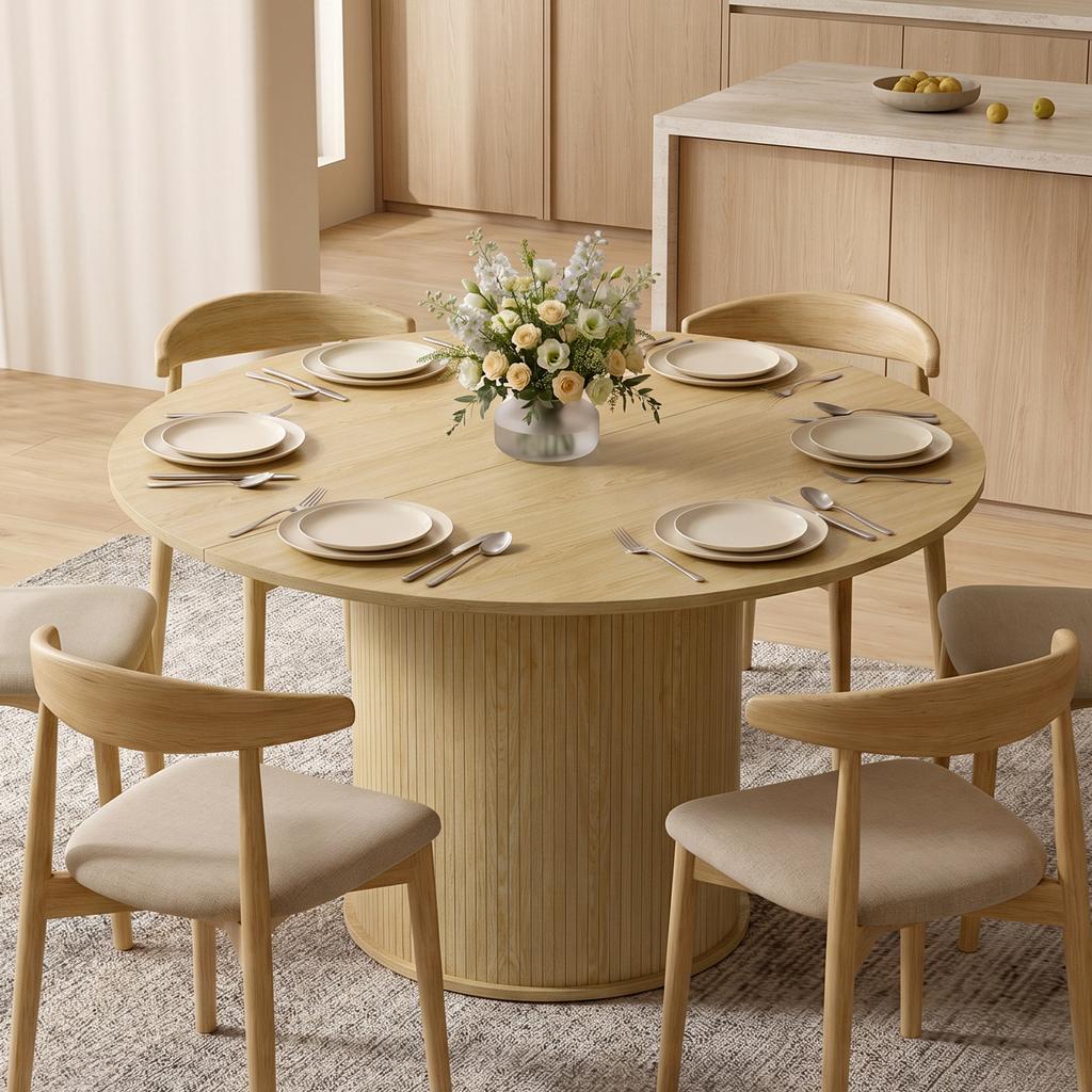 Round Dining Table for 4-6, 120 x 75 cm, Fluted Base, Natural Wood