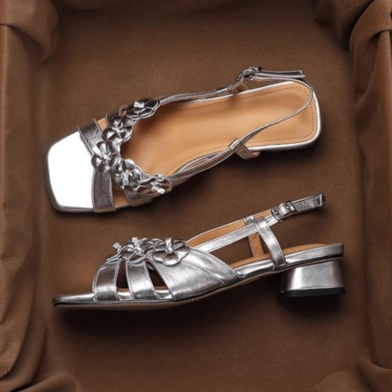 Fashion Open Toe Block Heel Roman Sandals Women's Summer New Fashion Square Toe Shallow Mouth One Strap Flower Sandals