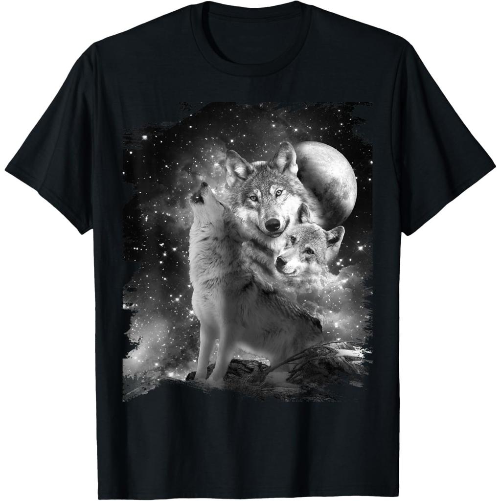 Wolf Family Howling Graphic Tee Black White Print Casual Round Neck Tshirt For Men