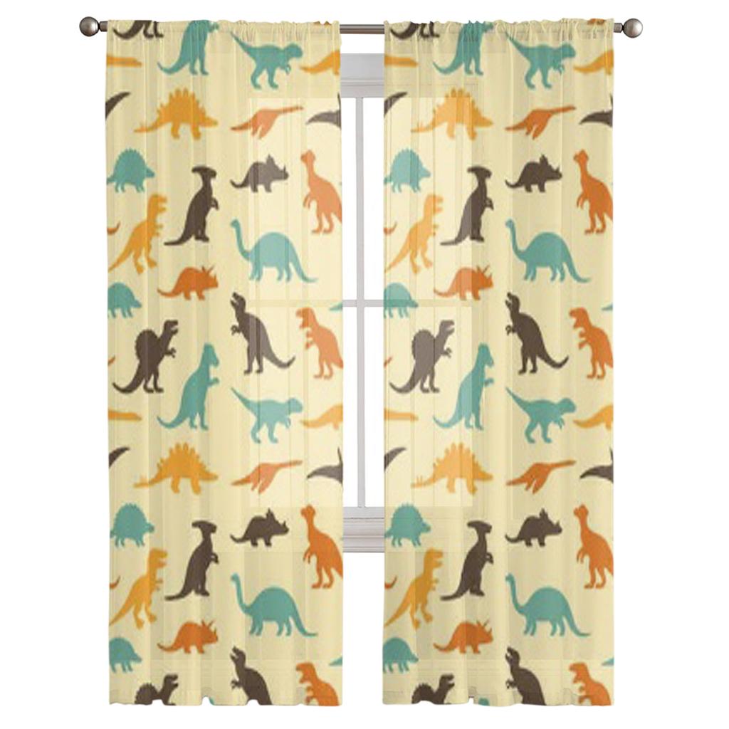 Dinosaur Animal Illustration Retro Pattern Background Chiffon Sheer Curtains Living Room Bedroom Window Voiles Tulle Curtain