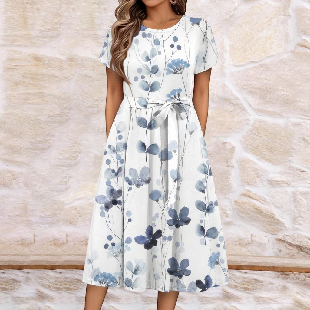 Women's Summer  Casual Floral Print  Round Neck Midi Dress Basic Classic Outdoor Everyday Short Sleeve Loose Dress