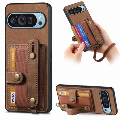 Luxury Business Retro PU Leather Wrist Strap Stand Phone Case for Google Pixel 6 7 8 9 Pro XL 8A 7A 6A Wallet Card Holder Shockproof Protect Cover