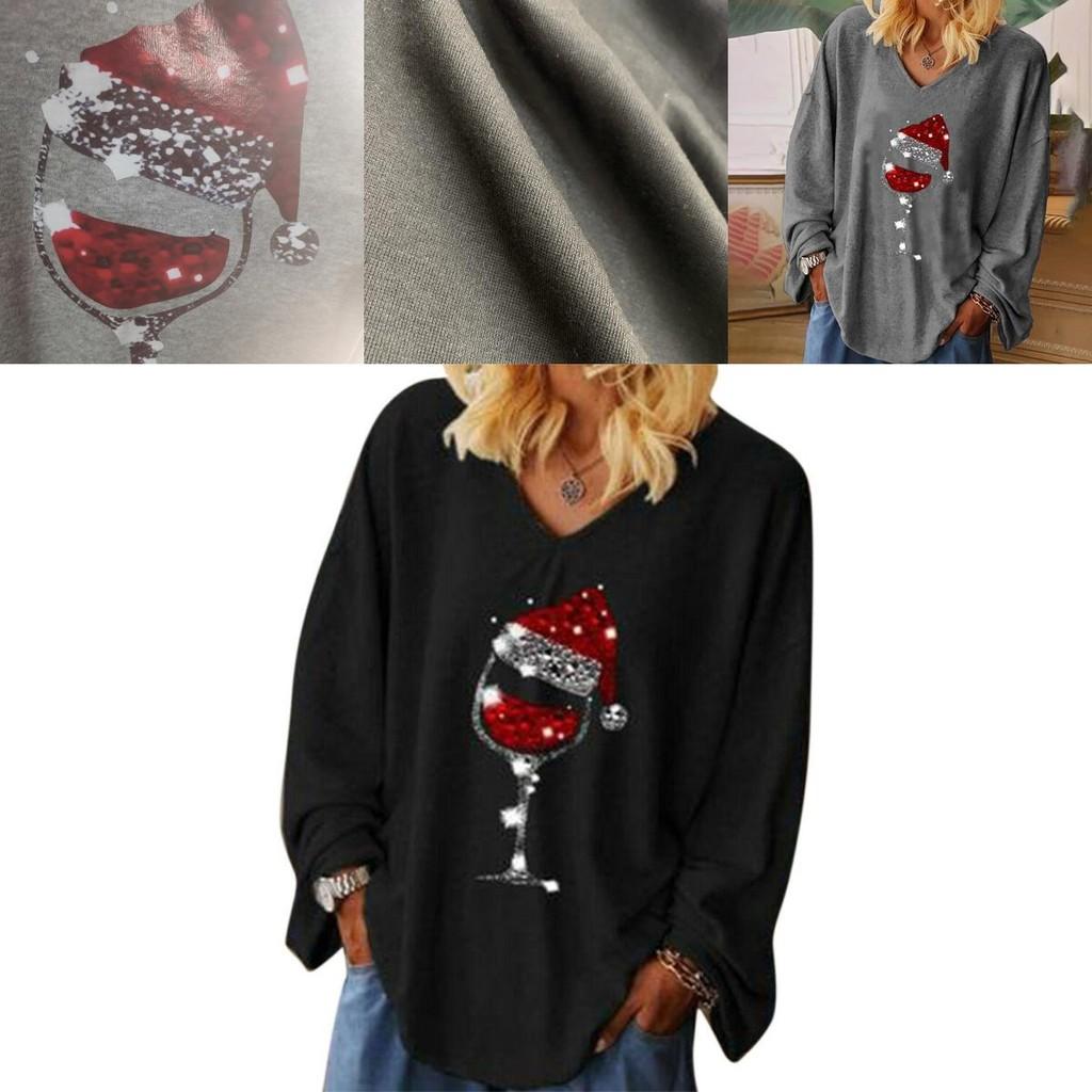 Stylish Womens Christmas Wine Glass Tee T-shirt V-neck Long Sleeve Blouse Tops