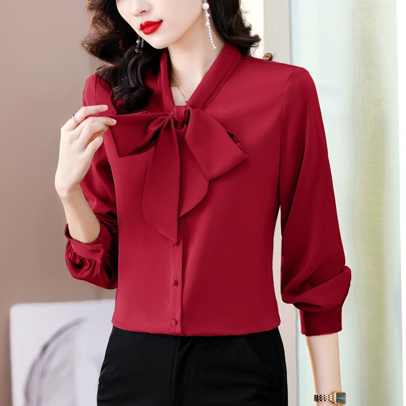 Women's Fashion Silk Long-Sleeve Bow Shirt, 2025 New Collection