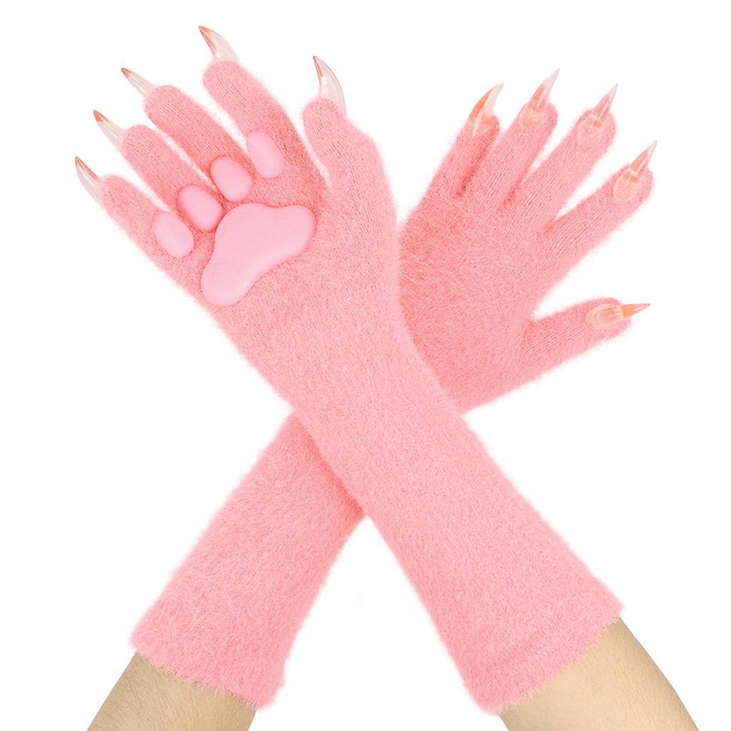 1 Halloween solid color plush long glove with long nails and animal claws, Halloween cosplay ghost claw prop