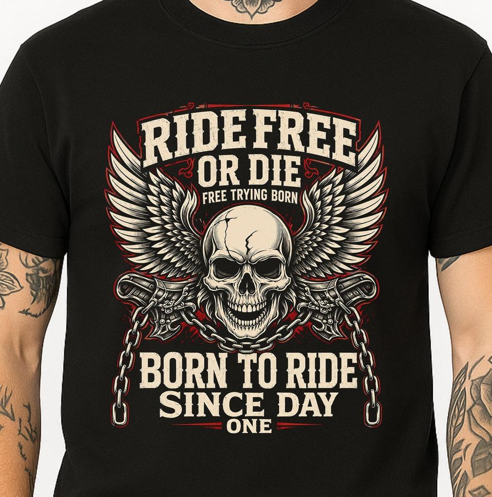 Skull Wings T-Shirt Ride Free Or Die Born To Ride Biker Motorcycle Graphic Tee
