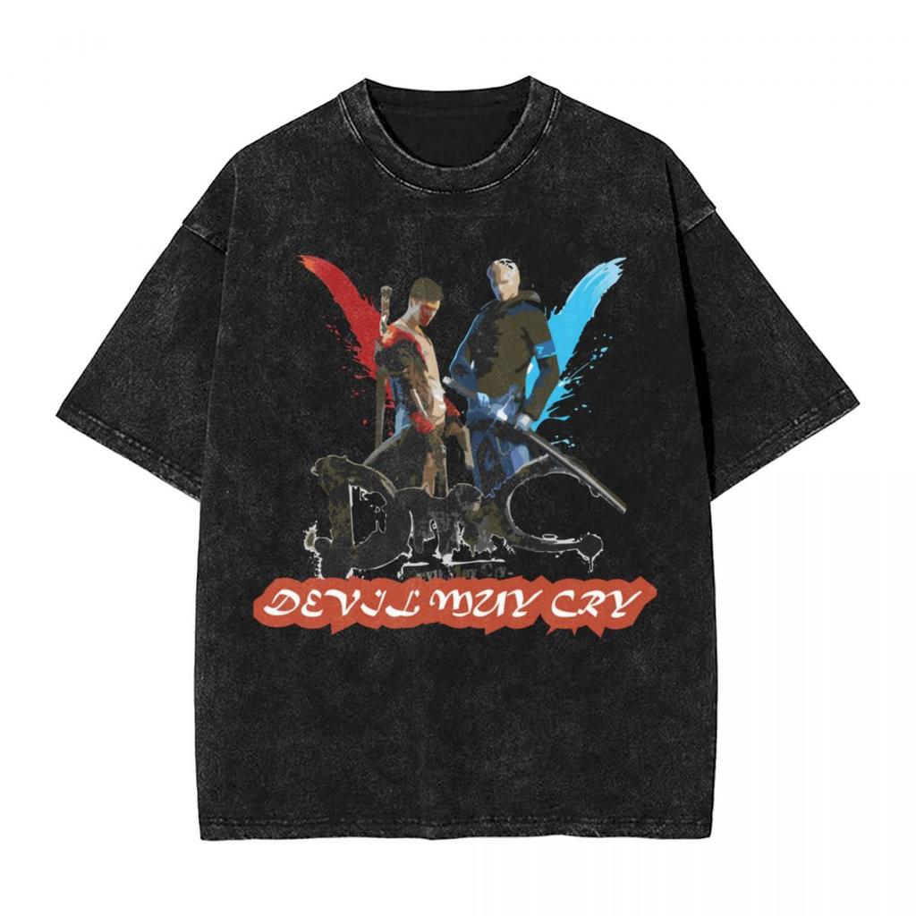 Washed T Shirts DMC Devil May Cry Demon Brothers TShirts Harajuku Streetwear Cotton Graphic Tops Tops Tees Men Women