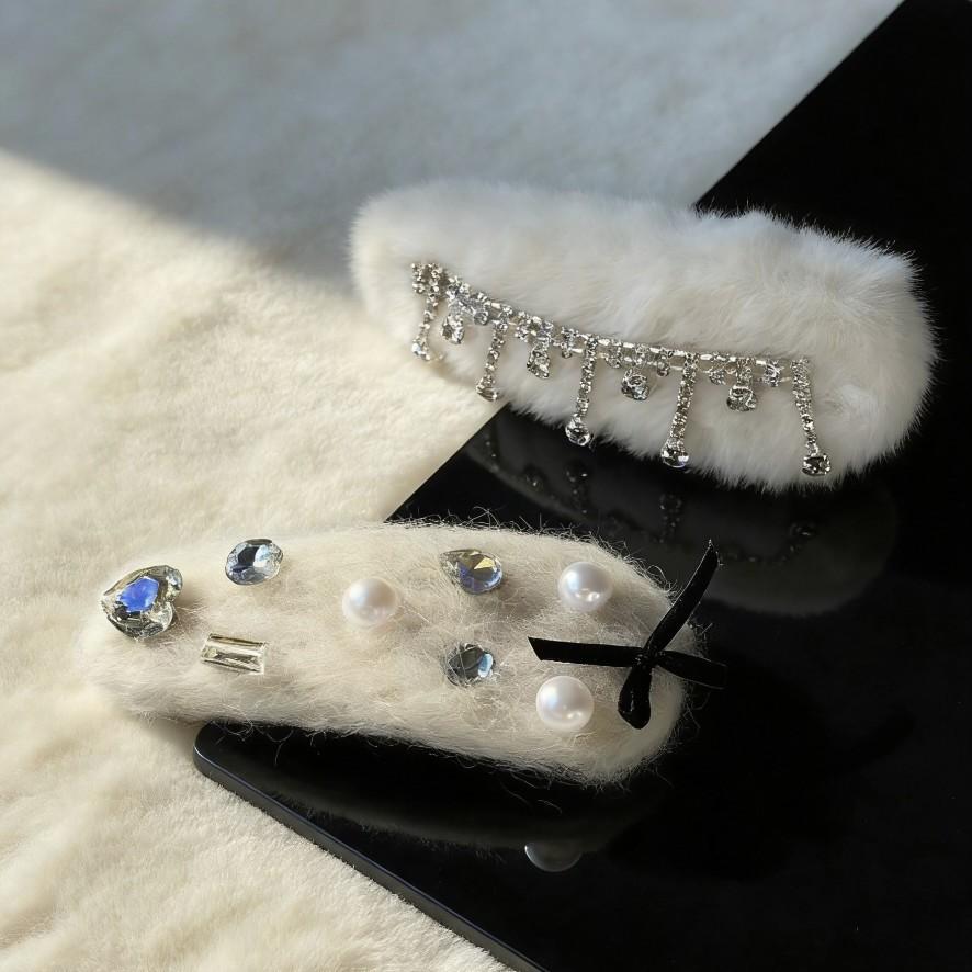 Soft Cute Manase Rabbit Fur Rhinestone Bow Snowflake Hairpin High-End Temperament Girl Versatile Headgear