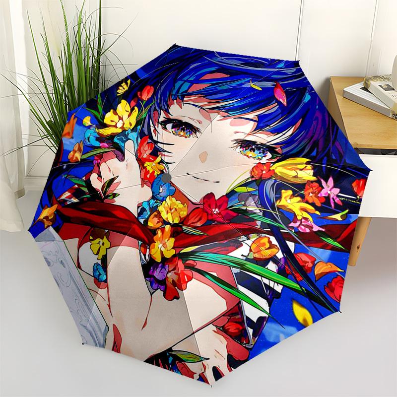 

1pc Outdoor Umbrella with Anime Girl and Flowers Design - Automatic Opening/Closing, Portable 3-Fold Design, 8-Bone Iron Frame - Perfect Gift for