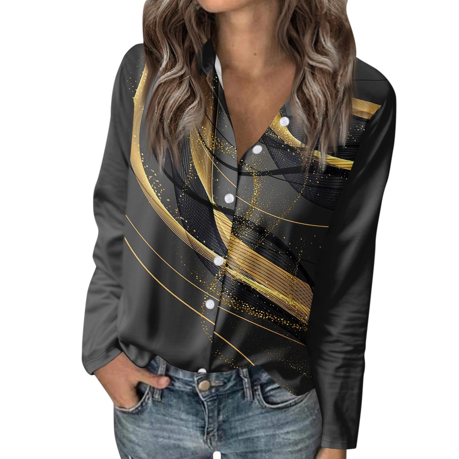 

Жіноча футболка з вінтажним принтом, жіноча сорочка з довгим рукавом і ґудзиками, повсякденні топи S Темно-синій