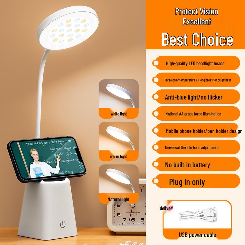 Student Desk Lamp with Eye Protection, Charging Plug, and Pen Holder – Ideal for Bedroom and Reading