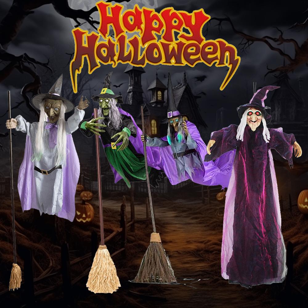 Flying Witch Decoration with Terrifying Sounds & Lights Halloween Props Flying Witch Decor for Garden Yard Lawn Indoor