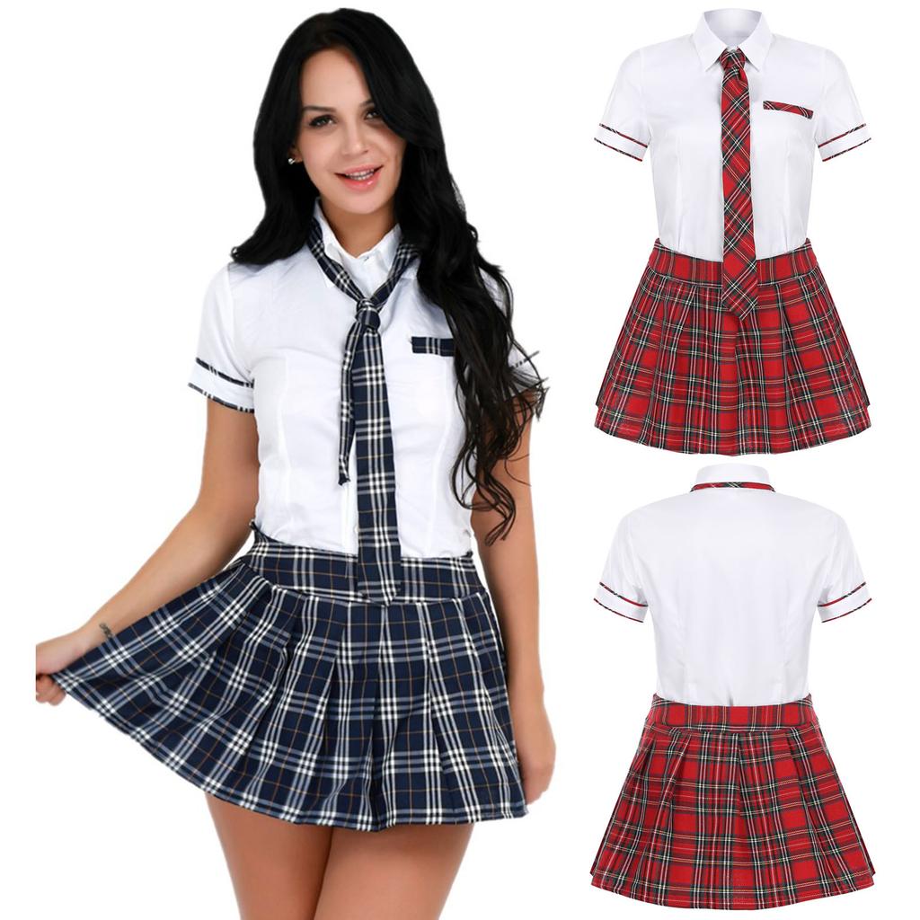 Women's School Girl Costume Set Short Sleeve Shirt with Pleated Skirt and Tie Schoolgirl Uniform Outfit Cosplay Fancy Dress