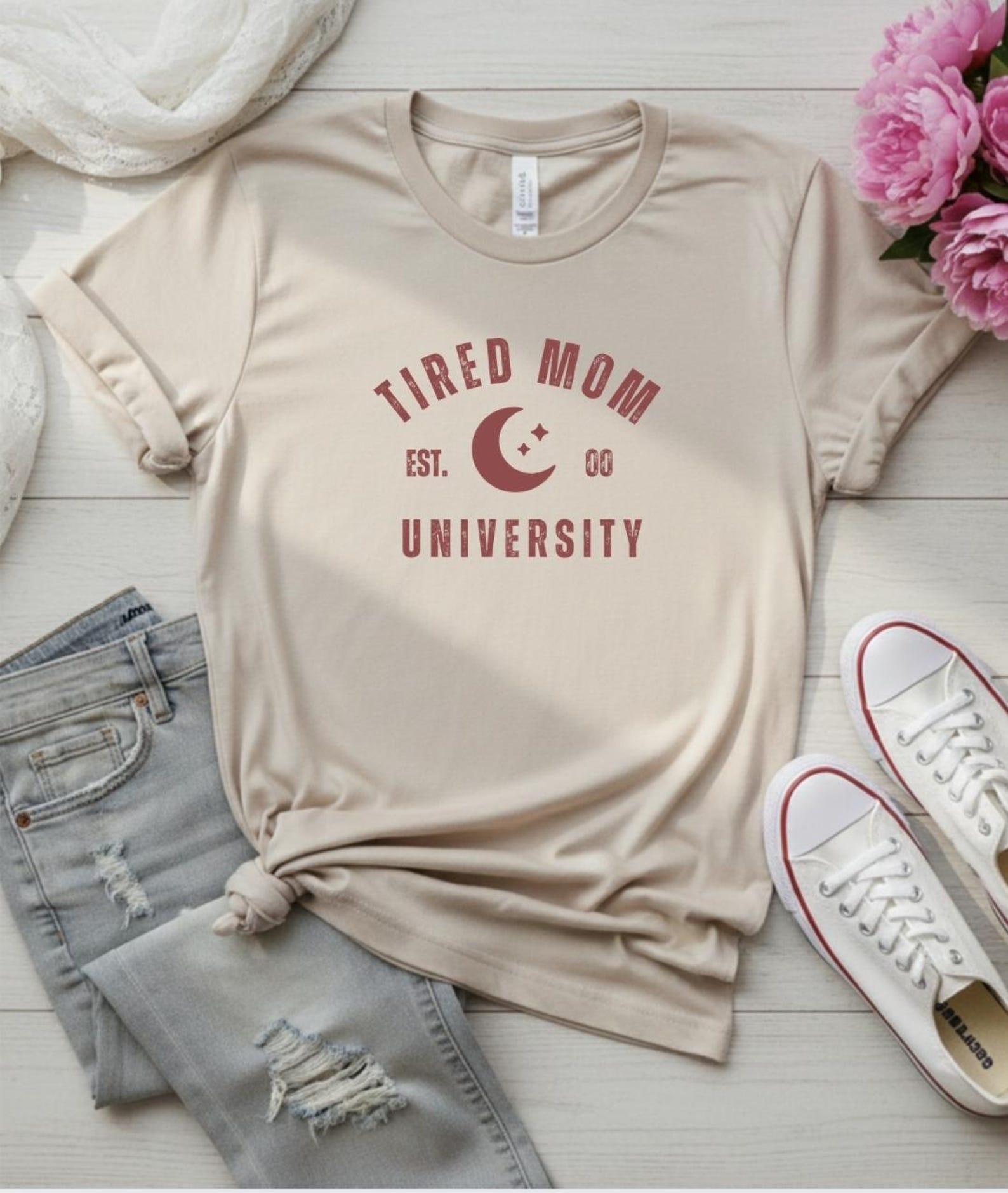 Tired Mom University Shirt, Funny Mom Life Tee, Sleep Deprived Mom Shirt, Mom Humor T-Shirt, Gift for Moms, Aesthetic Mom Tee XL