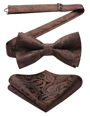 [HISDERN] Brown Bow Tie, Men's Formal Wear for Weddings, Paisley Pattern, One-Touch Bow Tie, Pocket Square Set, Easy To Attach and Detach,