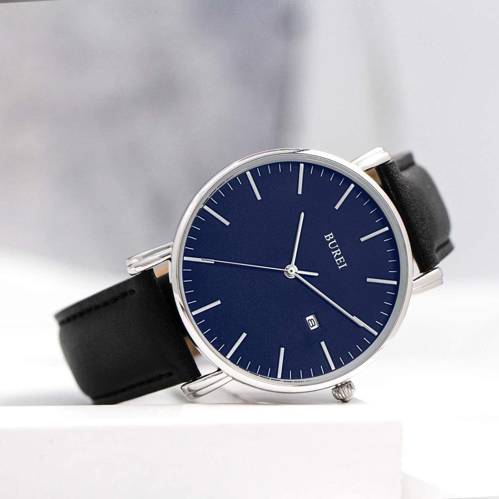 BUREI Men's Leather Waterproof Analog Business Wristwatch Slim Style Date Quartz White Black
