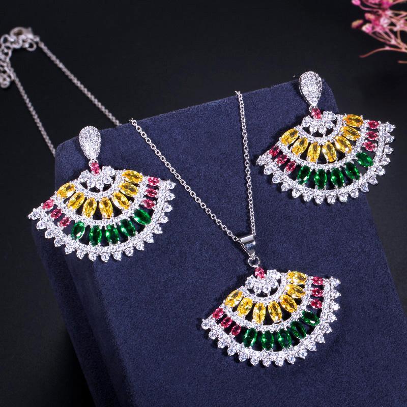 WWJ Multicolor Zirconia Fan Shape Necklace Earrings Jewelry Sets