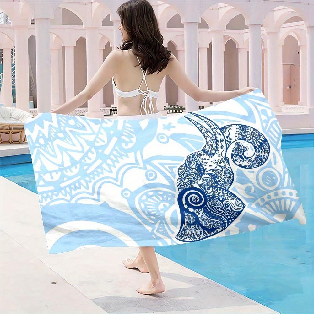 1pc Oversized Lightweight Quick-Dry Towel Large Soft Microfiber Beach Yoga Towel,Boho Elephant Print in Blue & White for Travel