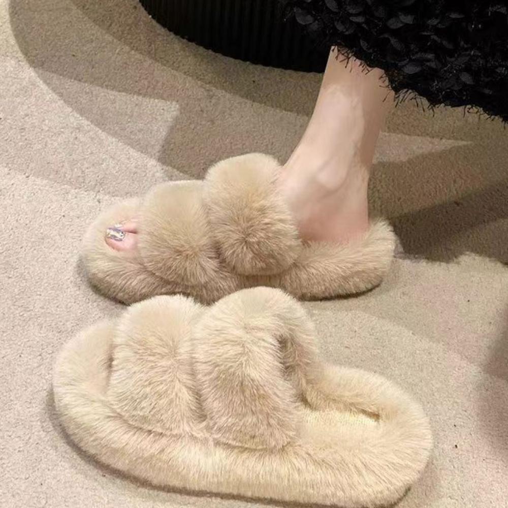 Damen Weiche Plüsch Doppelriemen Hausschuhe Fell Gemütliche Winter Pantoletten
