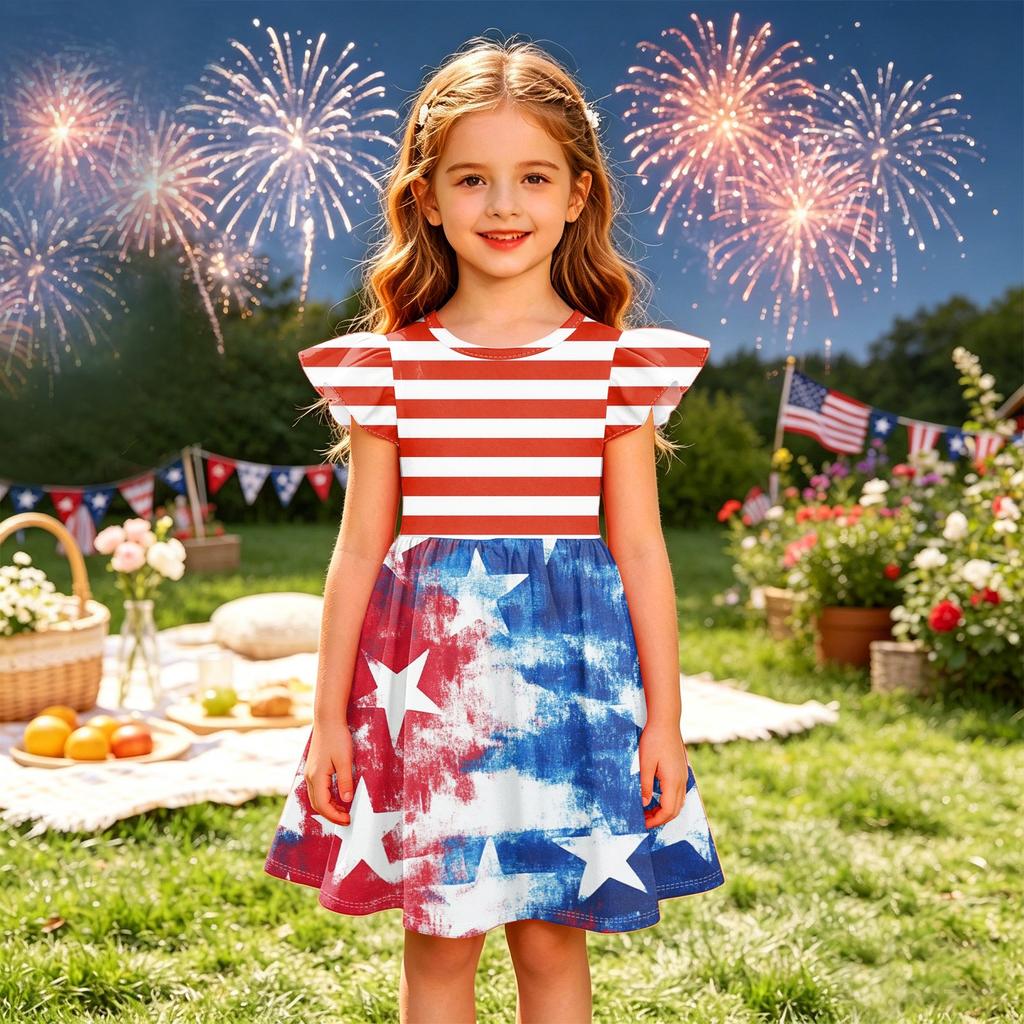 Girls' Summer Princess Dress - A-Line T-Shirt Dress Independence Day